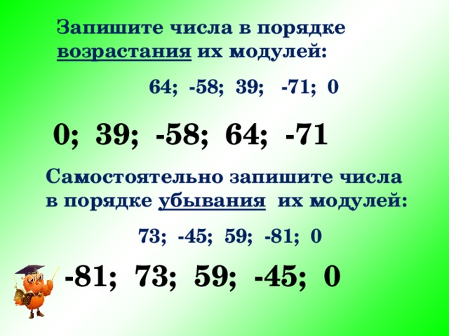 Запишите числа в порядке возрастания их модулей:  64; -58; 39; -71; 0 0; 39; -58; 64; -71 Самостоятельно запишите числа в порядке убывания их модулей:  73; -45; 59; -81; 0 -81; 73; 59; -45; 0 
