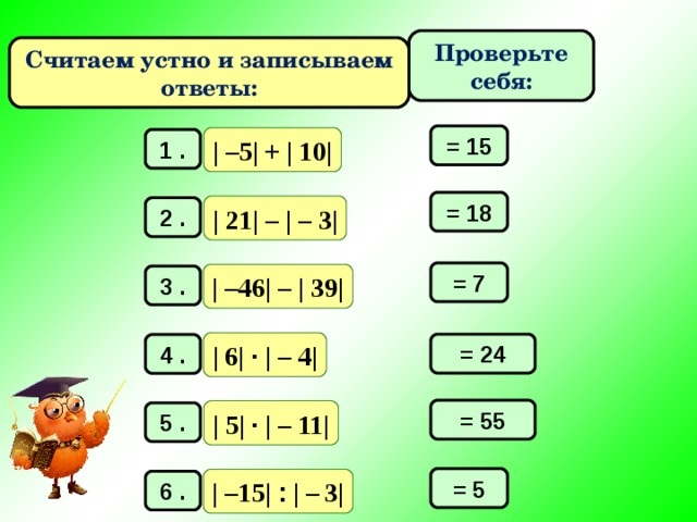 Проверьте себя: Считаем устно и записываем ответы: = 15 | –5| + | 10| 1 . = 18 | 21| – | – 3| 2 . = 7 | –46| – | 39| 3 . | 6| · | –  4| = 24 4 . = 55 | 5| · | –  11| 5 . = 5 | –15| : | –  3| 6 . 
