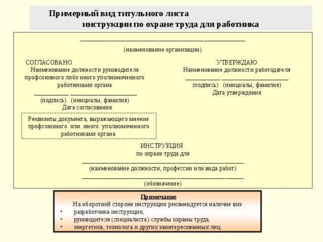 Примерный вид титульного листа инструкции по охране труда для работника ____________________________________________________ (наименование организации) СОГЛАСОВАНО Наименование должности руководителя профсоюзного либо иного уполномоченного работниками органа  ___________ _____________________ (подпись) (инициалы, фамилия)  Дата согласования УТВЕРЖДАЮ Наименование должности работодателя ___________ _____________________ (подпись) (инициалы, фамилия) Дата утверждения Реквизиты документа, выражающего мнение профсоюзного или иного уполномоченного работниками органа ИНСТРУКЦИЯ по охране труда для ___________________________________________________ (наименование должности, профессии или вида работ) ___________________________________________________ (обозначение) Примечание  На оборотной стороне инструкции рекомендуется наличие виз: разработчика инструкции, руководителя (специалиста) службы охраны труда, энергетика, технолога и других заинтересованных лиц. 