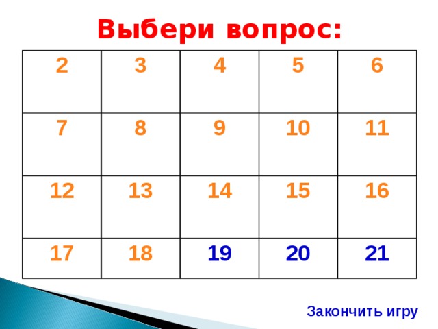 Выбери вопрос: 2 7 3 8 12 4 5 9 13 17 6  10 14 18 11  15 19 16  20 21 Закончить игру 