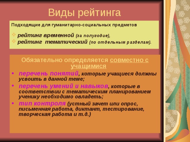 Виды рейтинга Подходящие для гуманитарно-социальных предметов  рейтинг временной (за полугодие),  рейтинг тематический (по отдельным разделам).  Обязательно определяется совместно с учащимися перечень понятий , которые учащиеся должны усвоить в данной теме; перечень умений и навыков , которые в соответствии с тематическим планированием ученику необходимо овладеть; тип контроля (устный зачет или опрос, письменная работа, диктант, тестирование, творческая работа и т.д.)    