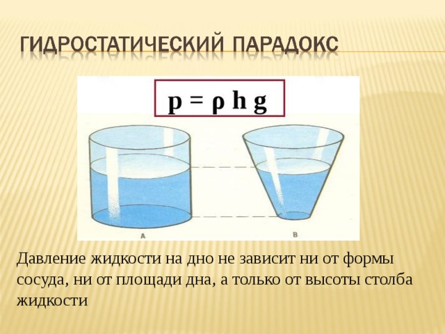 Давление жидкости на дно не зависит ни от формы сосуда, ни от площади дна, а только от высоты столба жидкости 