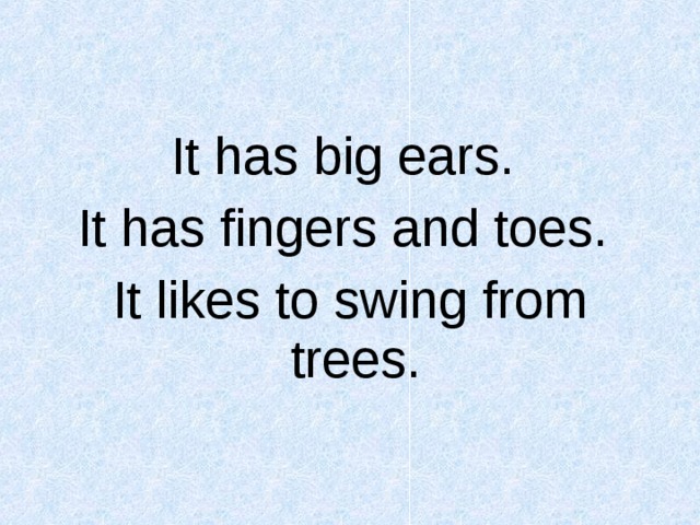 It has big ears. It has fingers and toes. It likes to swing from trees.  