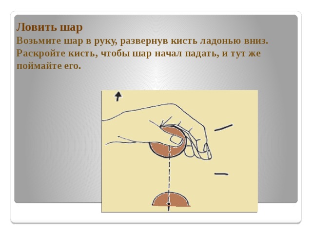Ловить шар  Возьмите шар в руку, развернув кисть ладонью вниз. Раскройте кисть, чтобы шар начал падать, и тут же поймайте его.   