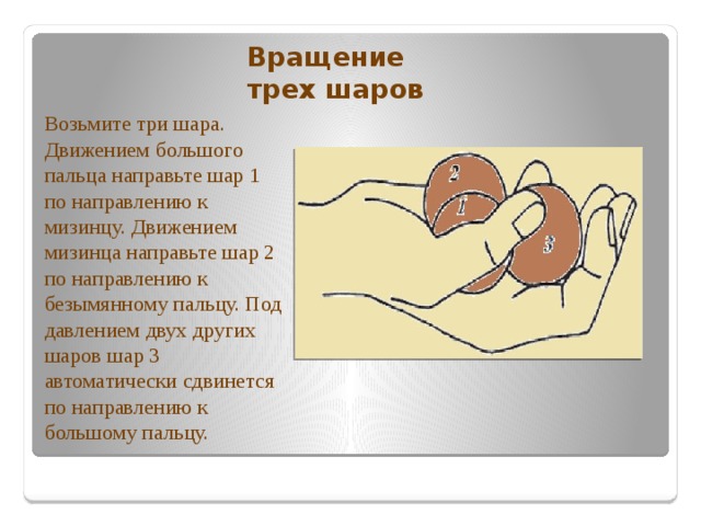 Вращение трех шаров Возьмите три шара. Движением большого пальца направьте шар 1 по направлению к мизинцу. Движением мизинца направьте шар 2 по направлению к безымянному пальцу. Под давлением двух других шаров шар 3 автоматически сдвинется по направлению к большому пальцу. 