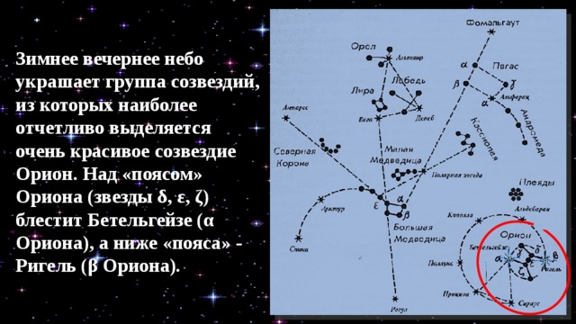 Зимнее вечернее небо украшает группа созвездий, из ко­торых наиболее отчетливо выделяется очень красивое созвез­дие Орион. Над «поясом» Ориона (звезды δ, ε, ζ) блестит Бетельгейзе (α Ориона), а ниже «пояса» - Ри­гель (β Ориона). 
