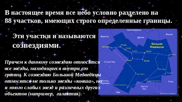 В настоящее время все небо условно разделено на 88 участков, имеющих строго определенные границы. Эти участ­ки и называются созвездиями . Причем к данному созвездию относятся все звезды, находящиеся внутри его границ. К созвездию Большой Медведицы относятся не только звезды «ковша», но и много слабых звезд и различных других объектов (например,  галактик). 