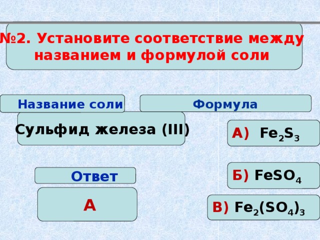 № 2. Установите соответствие между названием и формулой соли  Название соли Формула  Сульфид железа (III) А) Fe 2 S 3 Б) FeSO 4  Ответ  А В) Fe 2 (SO 4 ) 3