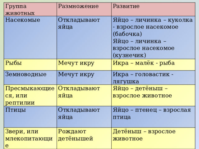 Группа животных Насекомые Размножение Рыбы Развитие Откладывают яйца Яйцо – личинка – куколка - взрослое насекомое (бабочка) Мечут икру Земноводные Пресмыкающиеся, или рептилии Икра – малёк - рыба Мечут икру Яйцо – личинка – взрослое насекомое (кузнечик) Икра – головастик - лягушка Откладывают яйца Птицы Яйцо – детёныш – взрослое животное Звери, или млекопитающие Откладывают яйца Яйцо – птенец – взрослая птица Рождают детёнышей Детёныш – взрослое животное 