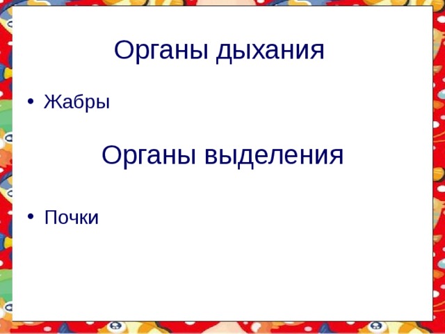 Органы дыхания Жабры    Почки Органы выделения 