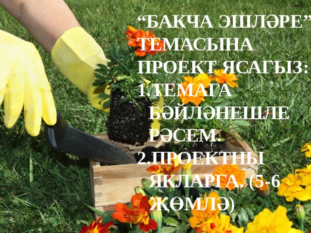 “ БАКЧА ЭШЛӘРЕ” ТЕМАСЫНА ПРОЕКТ ЯСАГЫЗ: ТЕМАГА БӘЙЛӘНЕШЛЕ РӘСЕМ. ПРОЕКТНЫ ЯКЛАРГА. (5-6 ҖӨМЛӘ) 