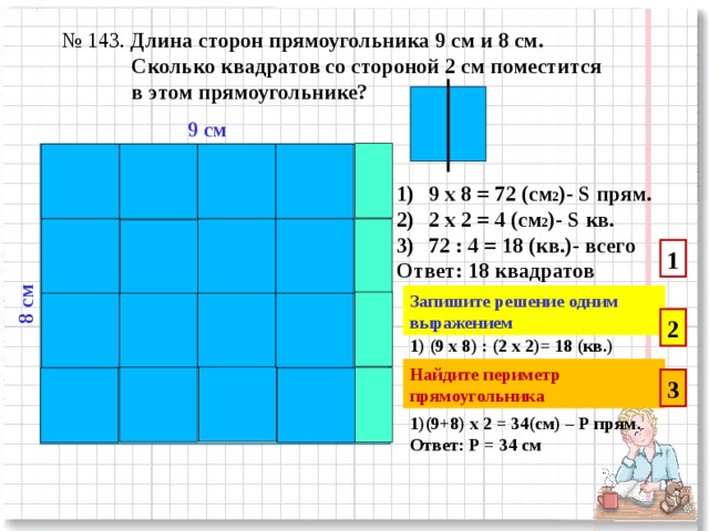 8 см № 143. Длина сторон прямоугольника 9 см и 8 см.  Сколько квадратов со стороной 2 см поместится  в этом прямоугольнике? 9 см 9 х 8 = 72 (см 2 )- S прям. 2 х 2 = 4 (см 2 )- S кв. 72 : 4 = 18 (кв.)- всего Ответ: 18 квадратов 1 Запишите решение одним выражением 2 1) (9 х 8) : (2 х 2)= 18 (кв.) Найдите периметр прямоугольника 3 1)(9+8) х 2 = 34(см) – Р прям. Ответ: Р = 34 см 