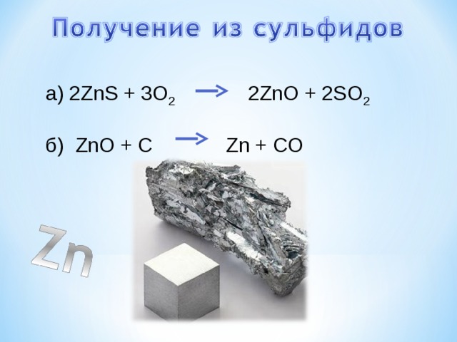 а) 2ZnS + 3O 2 2ZnO + 2SO 2 б) ZnO + C  Zn + CO 