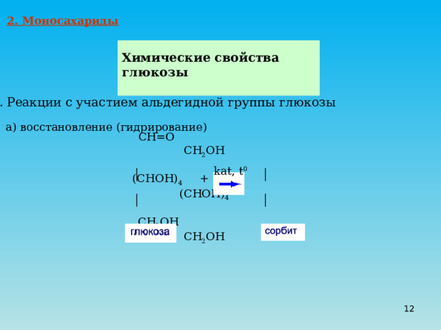 2. Моносахариды  Химические свойства глюкозы   1. Реакции с участием альдегидной группы глюкозы а) восстановление (гидрирование)  СН=О  СН 2 ОН  (СНОН) 4 + Н 2 (СНОН) 4  СН 2 ОН  СН 2 ОН kat , t 0 │ │ │ │  