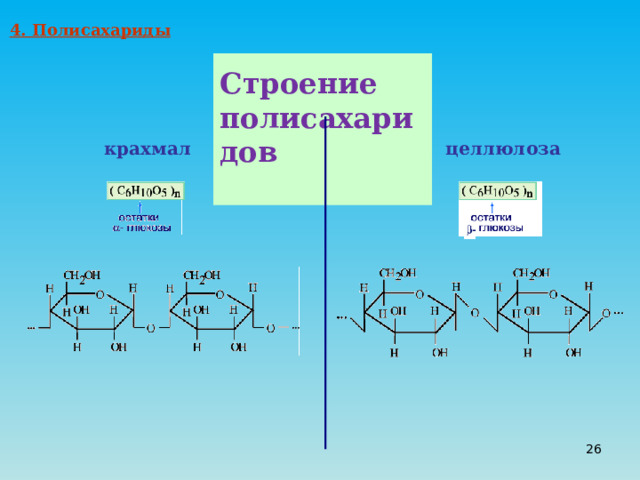 4. Полисахариды  Строение полисахаридов  крахмал целлюлоза 20 