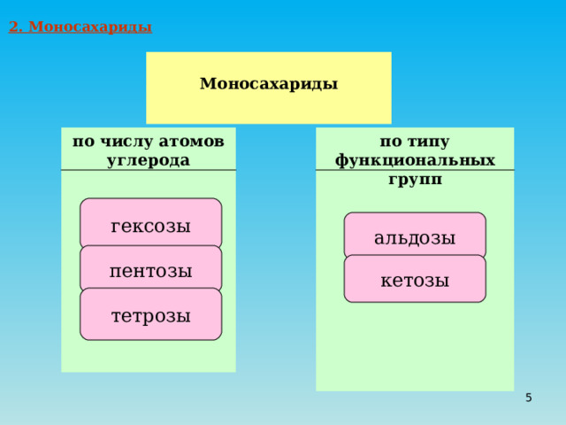 2. Моносахариды  Моносахариды  по числу атомов углерода  по типу функциональных групп гексозы альдозы пентозы кетозы тетрозы  