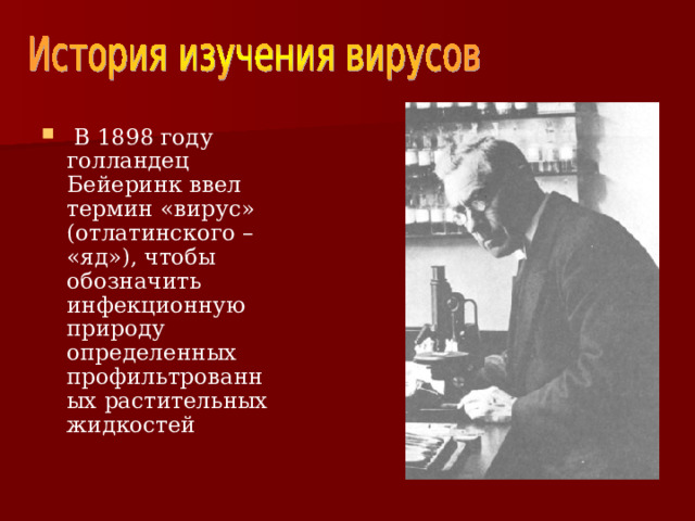  В 1898 году голландец Бейеринк ввел термин «вирус» (отлатинского – «яд»), чтобы обозначить инфекционную природу определенных профильтрованных растительных жидкостей 