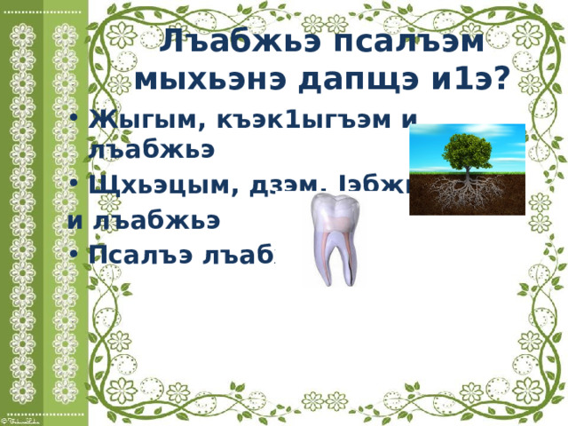 Лъабжьэ псалъэм мыхьэнэ дапщэ и1э? Жыгым, къэк1ыгъэм и лъабжьэ Щхьэцым, дзэм, Iэбжьанэм и лъабжьэ Псалъэ лъабжьэ 