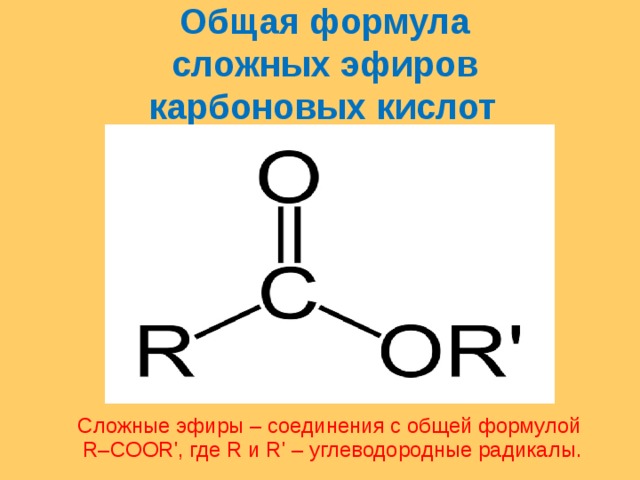 Общая формула сложных эфиров карбоновых кислот  Сложные эфиры – соединения с общей формулой R–COOR', где R и R' – углеводородные радикалы. 
