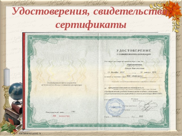 Удостоверения, свидетельства, сертификаты  