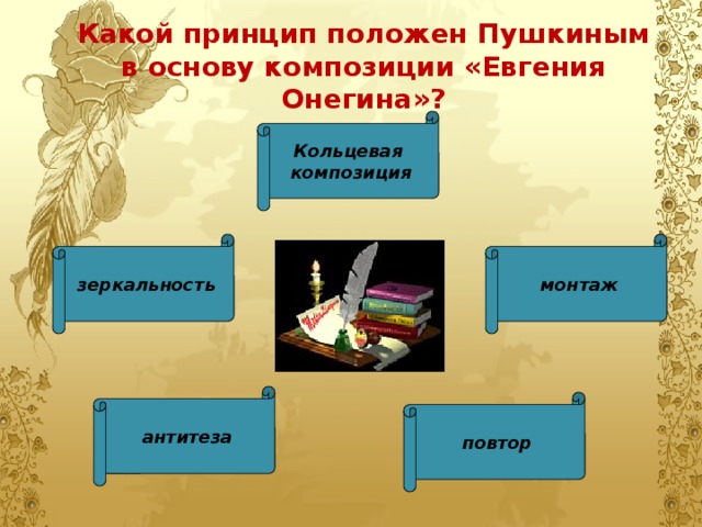 Какой принцип положен Пушкиным в основу композиции «Евгения Онегина»? Кольцевая композиция монтаж зеркальность антитеза повтор