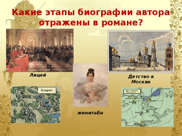 Какие этапы биографии автора отражены в романе? Лицей Детство в Москве женитьба