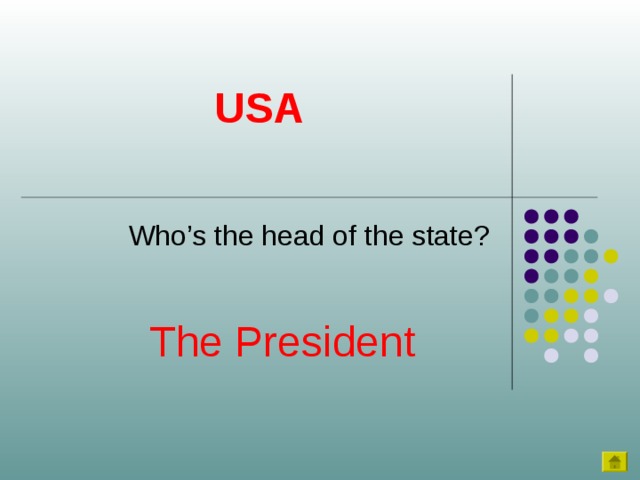 USA Who’s the head of the state? The President 