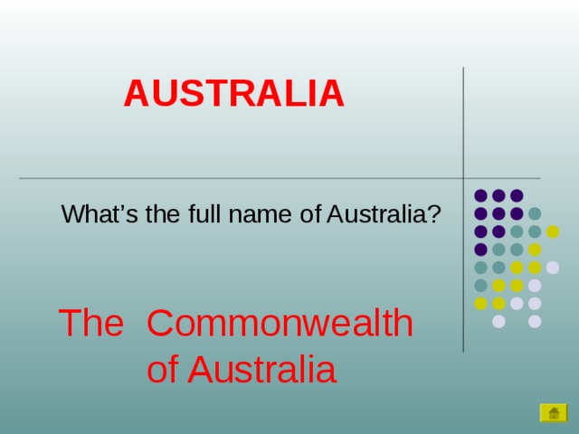 AUSTRALIA What’s the full name of Australia? The Commonwealth  of Australia 