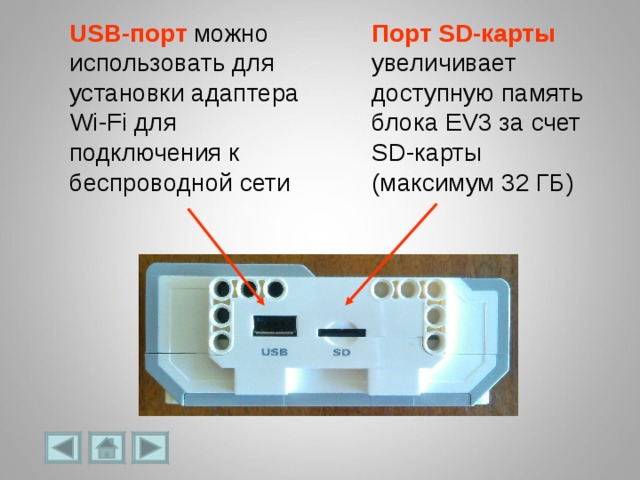 USB-порт можно использовать для установки адаптера Wi-Fi для подключения к беспроводной сети Порт SD-карты  увеличивает доступную память блока EV3 за счет SD-карты (максимум 32 ГБ) 