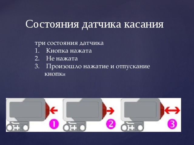 Состояния датчика касания три состояния датчика  Кнопка нажата  Не нажата  Произошло нажатие и отпускание кнопк и 