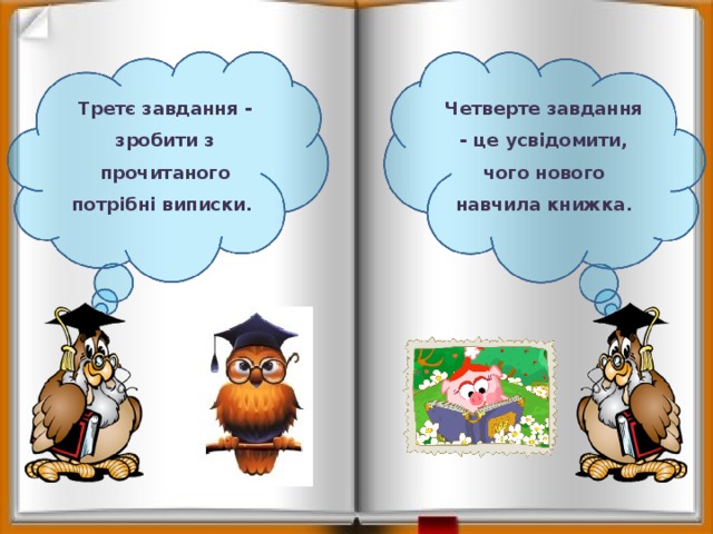 Третє завдання - зробити з прочитаного потрібні виписки. Четверте завдання - це усвідомити, чого нового навчила книжка. 