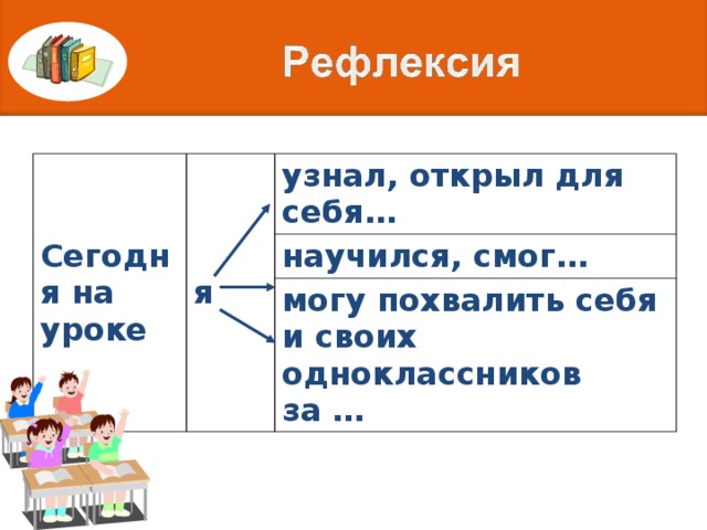 Сегодня на уроке я узнал, открыл для себя… научился, смог… могу похвалить себя и своих одноклассников за … 