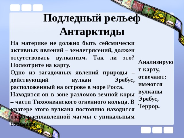 Подледный рельеф Антарктиды На материке не должно быть сейсмически активных явлений – землетрясений, должен отсутствовать вулканизм. Так ли это? Посмотрите на карту. Одно из загадочных явлений природы – действующий вулкан Эребус, расположенный на острове в море Росса. Находится он в зоне разломов земной коры – части Тихоокеанского огненного кольца. В кратере этого вулкана постоянно находится озеро расплавленной магмы с уникальным составом. Анализируют карту, отвечают: имеются вулканы Эребус, Террор. 