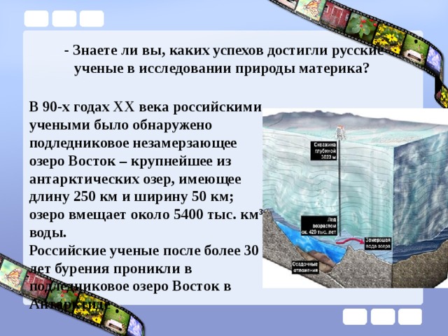 - Знаете ли вы, каких успехов достигли русские ученые в исследовании природы материка? В 90-х годах XX века российскими учеными было обнаружено подледниковое незамерзающее озеро Восток – крупнейшее из антарктических озер, имеющее длину 250 км и ширину 50 км; озеро вмещает около 5400 тыс. км³ воды. Российские ученые после более 30 лет бурения проникли в подледниковое озеро Восток в Антарктиде  