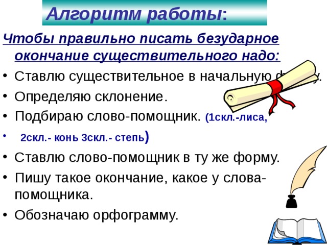 Алгоритм работы :   Чтобы правильно писать безударное окончание существительного надо: Ставлю существительное в начальную форму. Определяю склонение. Подбираю слово-помощник.  (1скл.-лиса,  2скл.- конь 3скл.- степь ) Ставлю слово-помощник в ту же форму. Пишу такое окончание, какое у слова-помощника. Обозначаю орфограмму.   