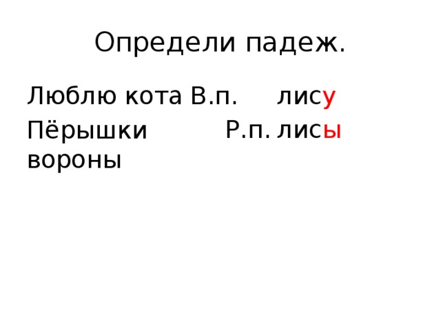 Определи падеж. В.п. лис у Люблю кота Пёрышки вороны Р.п. лис ы 