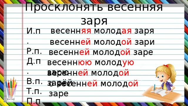 Просклонять весенняя заря весенн яя молод ая заря И.п. Р.п. Д.п. В.п. Т.п. П.п. весенн ей молод ой зари весенн ей молод ой заре весенн юю молод ую зарю весенн ей молод ой зарёй о весенн ей молод ой заре 