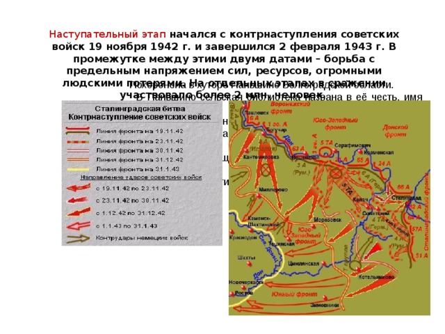 Наступательный этап начался с контрнаступления советских войск 19 ноября 1942 г. и завершился 2 февраля 1943 г. В промежутке между этими двумя датами – борьба с предельным напряжением сил, ресурсов, огромными людскими потерями. На отдельных этапах в сражении участвовало более 2 млн. человек .  Похоронена в хуторе Паньшино Волгоградской области.  В Паньшино сельская библиотека названа в её честь, имя высечено золотом на  знамени в Зале воинской славы на Мамаевом кургане.  Её именем названы улица в Тракторозаводском районе Волгограда и поселок.  Подвигу посвящена книга Елены Ильиной «Четвертая высота», которая  переведена на многие языки мира. 