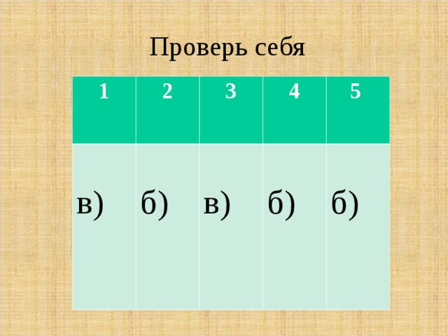 Проверь себя 1 2 в) 3 б) 4 в) 5 б) б) 