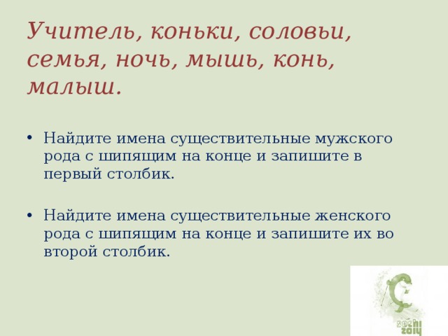 Учитель, коньки, соловьи, семья, ночь, мышь, конь, малыш. Найдите имена существительные мужского рода с шипящим на конце и запишите в первый столбик. Найдите имена существительные женского рода с шипящим на конце и запишите их во второй столбик.  