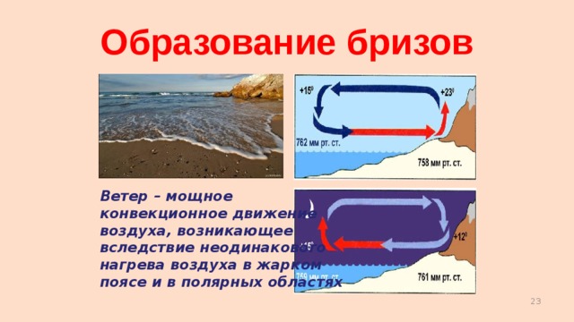 Образование бризов Ветер – мощное конвекционное движение воздуха, возникающее вследствие неодинакового нагрева воздуха в жарком поясе и в полярных областях    
