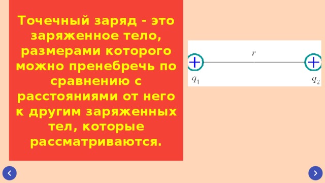 Точечный заряд - это заряженное тело, размерами которого можно пренебречь по сравнению с расстояниями от него к другим заряженных тел, которые рассматриваются.