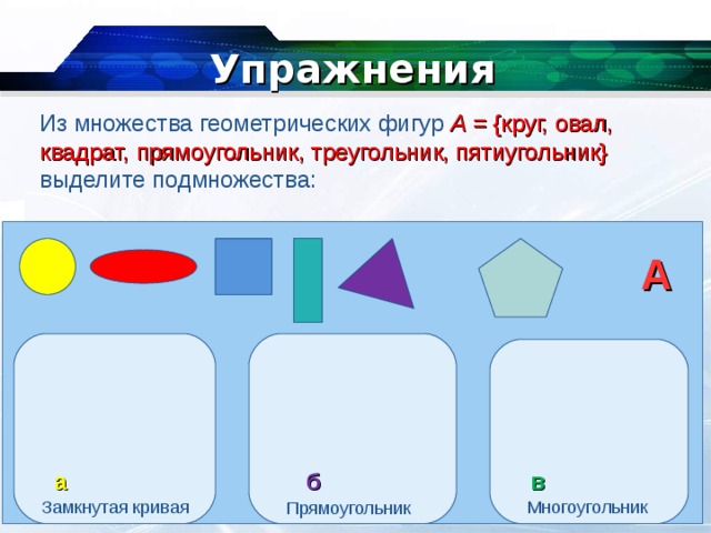 Множество фигур. Множество геометрических фигур. Множество многоугольников. Множество треугольников. Элементы множества и геометрические фигуры.