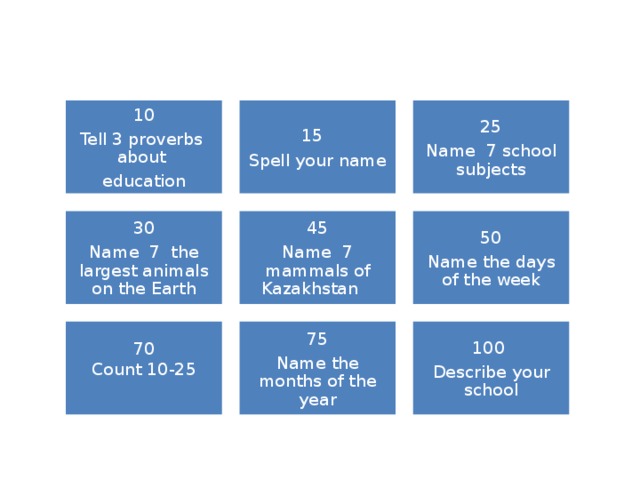 10 15 25 Spell your name Name 7 school subjects Tell 3 proverbs about education 50 30 45 Name the days of the week Name 7 mammals of Kazakhstan Name 7 the largest animals on the Earth 70 75 100 Count 10-25 Name the months of the year Describe your school 