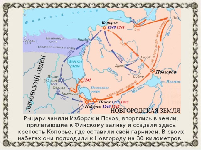 Рыцари заняли Изборск и Псков, вторглись в земли, прилегающие к Финскому заливу и создали здесь крепость Копорье, где оставили свой гарнизон. В своих набегах они подходили к Новгороду на 30 километров. 