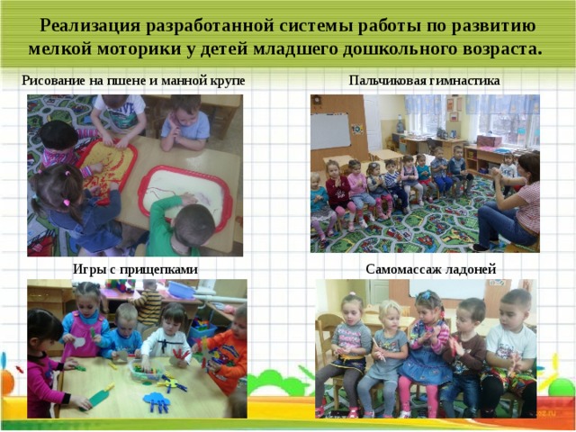 Реализация разработанной системы работы по развитию мелкой моторики у детей младшего дошкольного возраста.  Рисование на пшене и манной крупе Пальчиковая гимнастика Игры с прищепками Самомассаж ладоней 