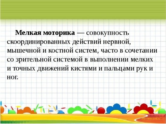  Мелкая моторика  — совокупность скоординированных действий нервной, мышечной и костной систем, часто в сочетании со зрительной системой в выполнении мелких и точных движений кистями и пальцами рук и ног. 