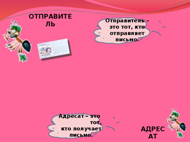 ОТПРАВИТЕЛЬ Отправитель – это тот, кто отправляет письмо. Адресат – это тот, кто получает письмо. АДРЕСАТ 