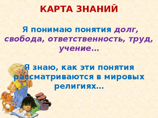 КАРТА ЗНАНИЙ   Я понимаю понятия долг, свобода, ответственность, труд, учение …  Я знаю, как эти понятия рассматриваются в мировых религиях…