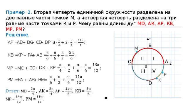 Две точки окружности делят. Первая четверть разделена на две равные части точкой м. Вторая четверть разделена на две равные части точкой м. Вторая четверть разделена на две равные части точкой м а третья на три. Первая четверть разделена точками к и р на три равные части.